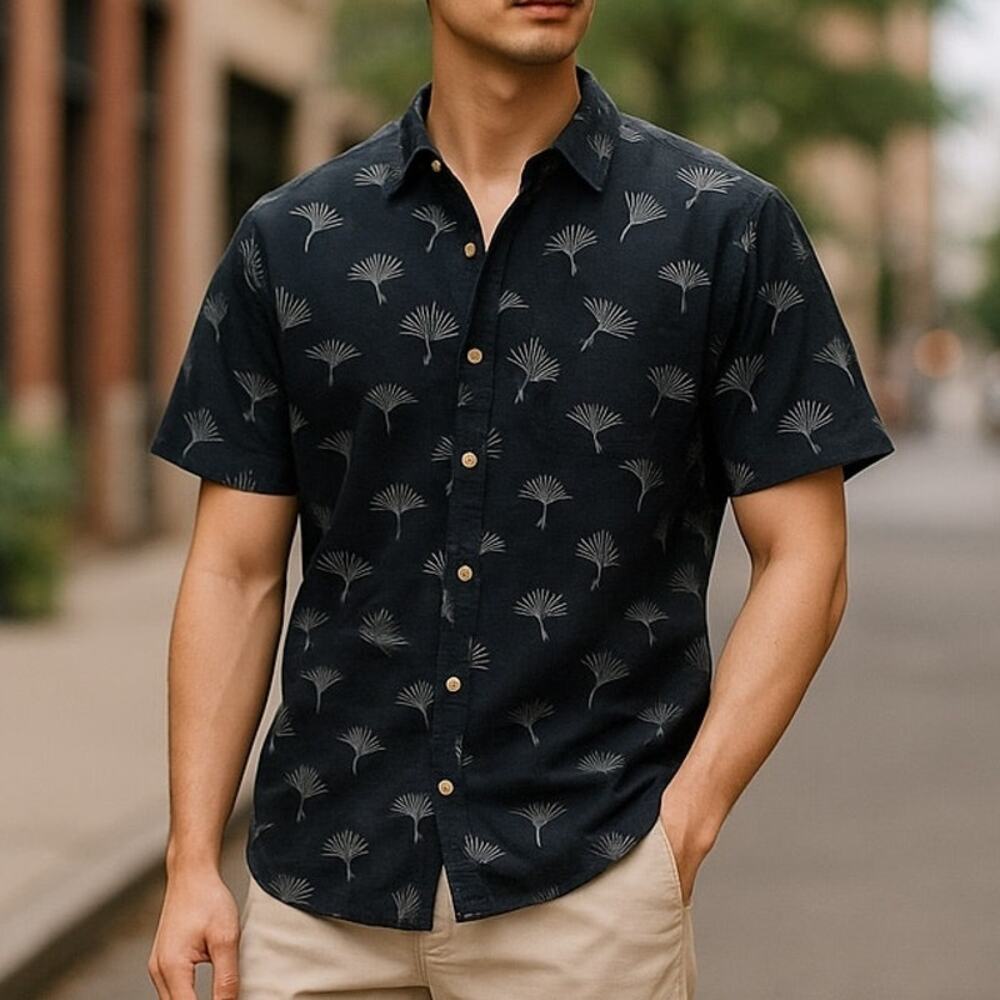 DENIM & FLOWER Navy Blue & White Short Sleeve Cotton Beach Shirt ~ Men's LARGE